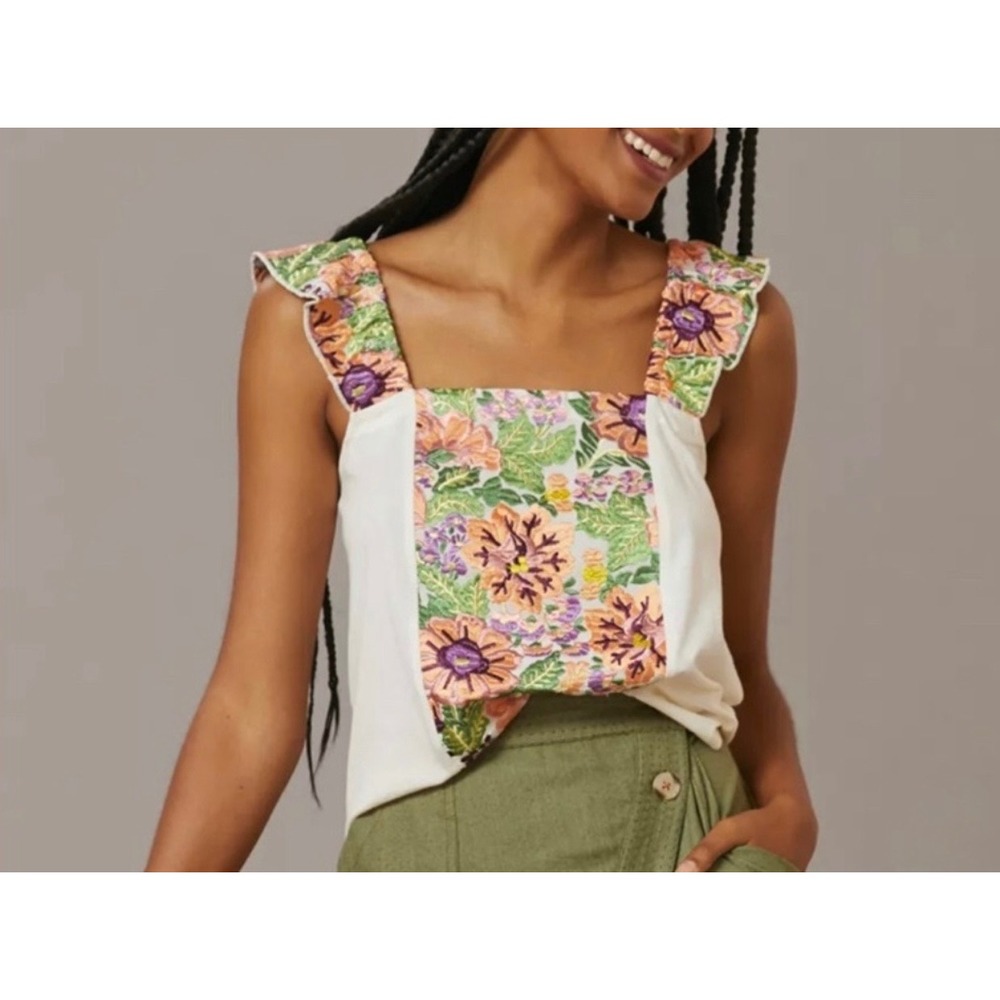 Anthropologie Tiny Marin Floral Embroidered Tank Top M Ruffle Strap Cotton
